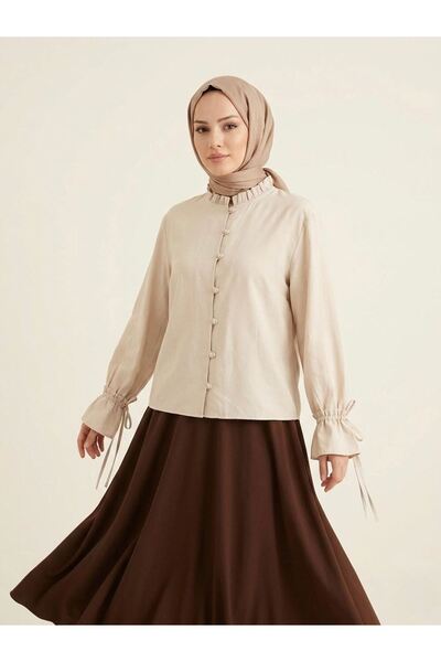 Foremia Sleeve Tunnel Collar Ruffle Tunic-Stone