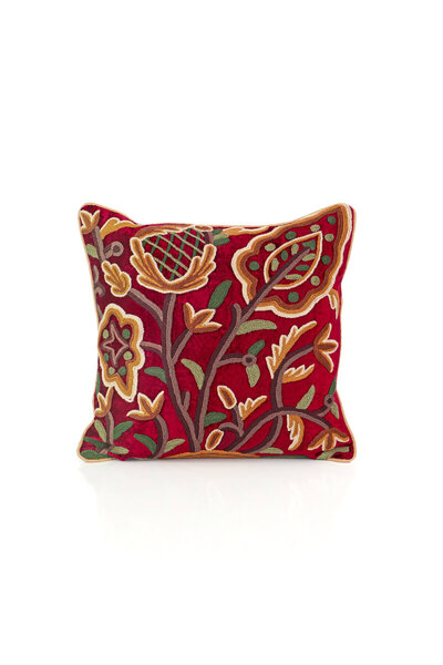 Bursa İpek Red Embroidered Velvet Throw Pillow