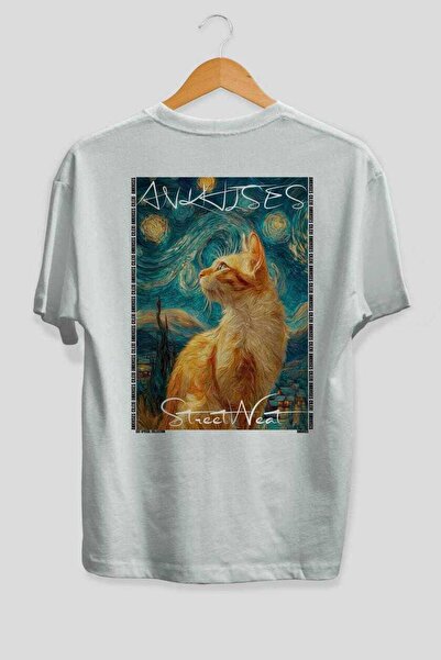 Ankhises For the Love of Cats 71 Cat Printed White Oversize T-Shirt 100% Cott...