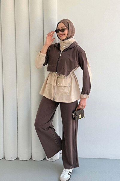 Modaensarbutik Tencel Kumaş Pantolonlu Üçlü Tesettür Takım-KAHVERENGİ