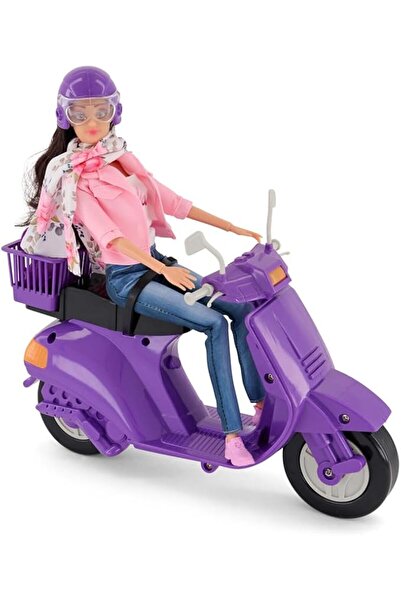 Fulla Doll with Jeans, Scarf, Helmet, School Bag, and Stylish Purple Motorcyc...