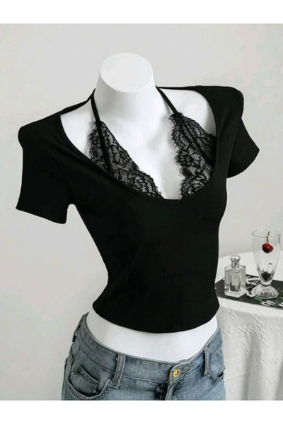 İsra Ayyıldız Moonstar Collection siyah basic dantel askılı y2k tam boy bluz