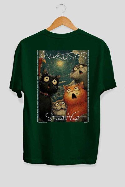 Ankhises For the Love of Cats 110 Cat Printed Green Oversize T-Shirt 100% Cot...