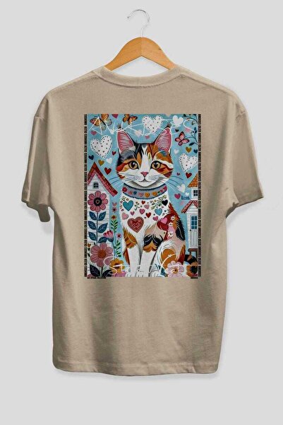 Ankhises For the Love of Cats 102 Cat Printed Beige Oversize T-Shirt 100% Cot...