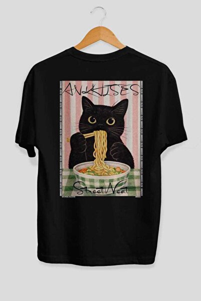 Ankhises For the Love of Cats 28 Cats Printed Black Oversize T-Shirt 100% Cot...