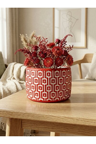 mora store Modern Bohem Kırmızı Beton Saksı 14x10 cm | Dekoratif Çiçeklik | E...