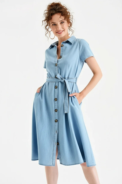 Efnaz style Women's Shirt Collar Belted Buttoned Cotton Blue Dress