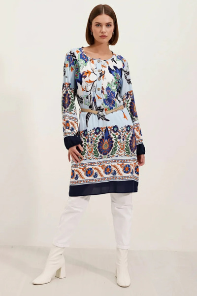 buğrahayalin Women's Belted Floral Patterned Viscose Navy Blue Dress