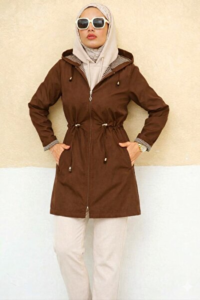 Vibeys Moda Waterproof Women's Trench Coat with Stripes Inside and Self-Lining