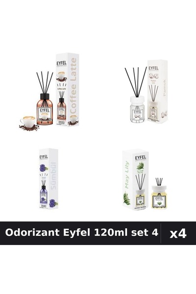 Eyfel Set 4 Odorizant Cameră Betișoare 120ml - Cafea, Bumbac, Zambile, Lacram...
