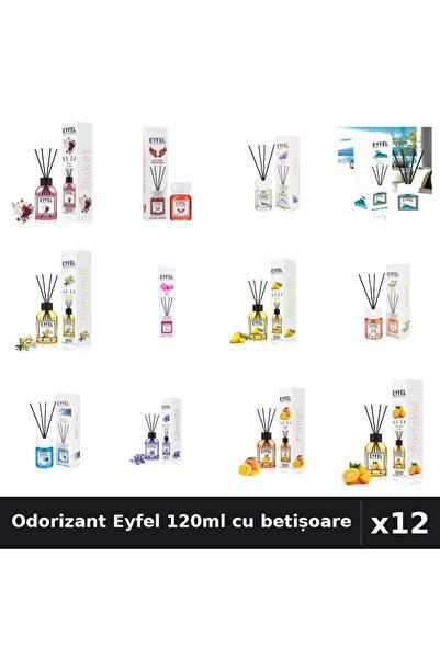 Eyfel Set 12 Odorizant Cameră cu Betișoare - 12 Arome Asortate, 120ml Parfum