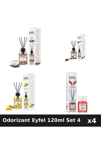 Eyfel Set 4 Odorizant Camera Betisoare 120ml - Cafea, Vanilie, Ananas, Red Dr...