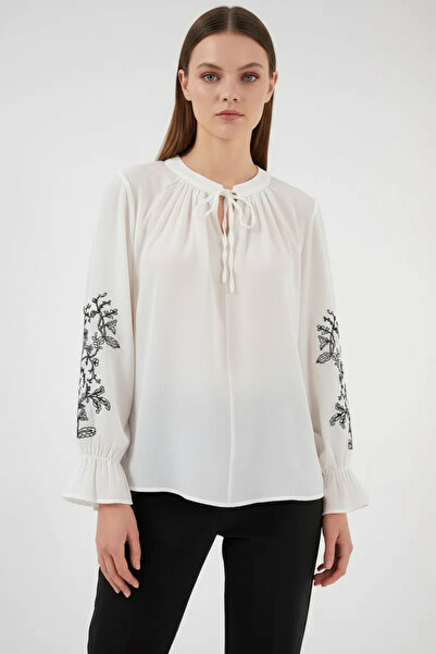 Şeker Portakalım Women's Shirt Collar Embroidered White Blouse
