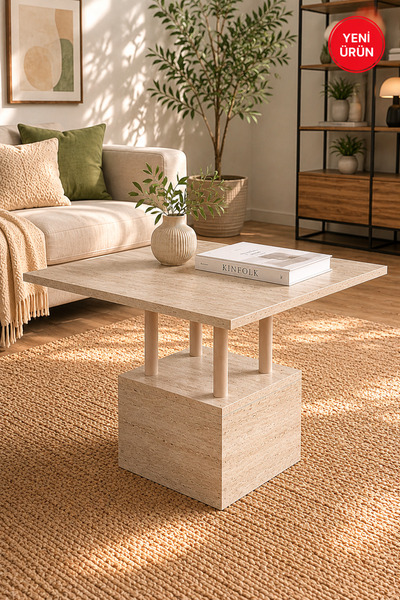 webotto 8 Edisam Modern Orta Sehpa Traverten Görünümlü Ahşap Ayaklı 60x60cm K...