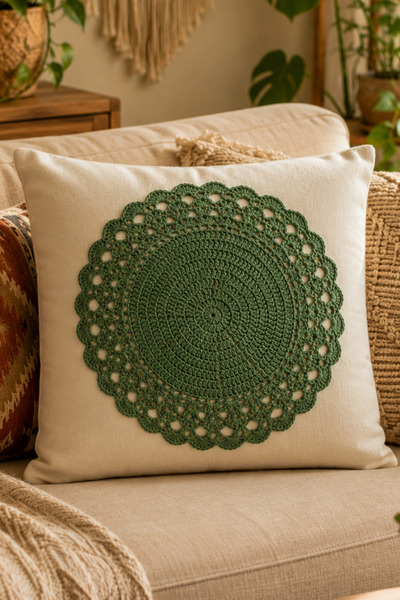 Elegancembroidery El Örgüsü Motifli Keten Kırlent Kılıfı 42x42 cm Bohem Dekor...