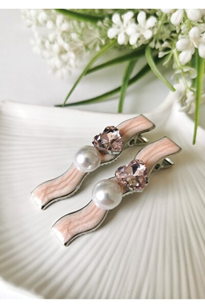 Halley Concept Pearl and Heart Stone Detailed Hairpin with Stone Detail Pink