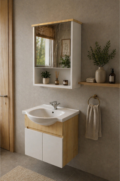 makbulce Darende 55cm Seramik Lavabolu MDF Meşe Aynalı Banyo Dolabı