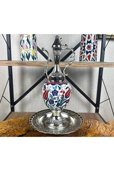 Çini Evi Silver Plated Iznik Tile Jug Set with Traditional Tulip and Flower M...