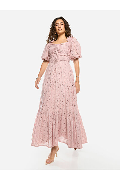 House of Moda By Styli Schiffli Puff Sleeves A-Line Maxi Dress