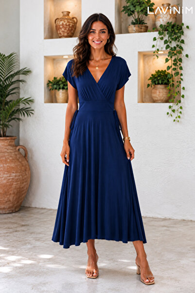 LAVİNİM Navy Blue Double-Breasted Collar Belted Detailed Midi Dress
