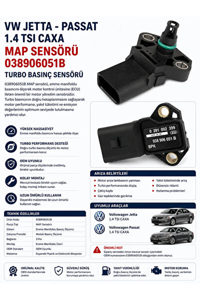 artek VW Jetta Passat 1.4 TSI CAXA MAP Sensörü 038906051B Turbo Basınç Sensörü
