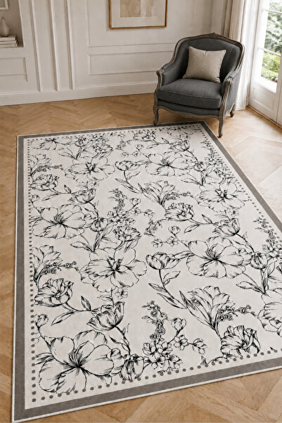 Decomia Home Dijital Kaymaz Yıkanabilir Çiçekli Salon Halısı Mutfak Halısı Ko...