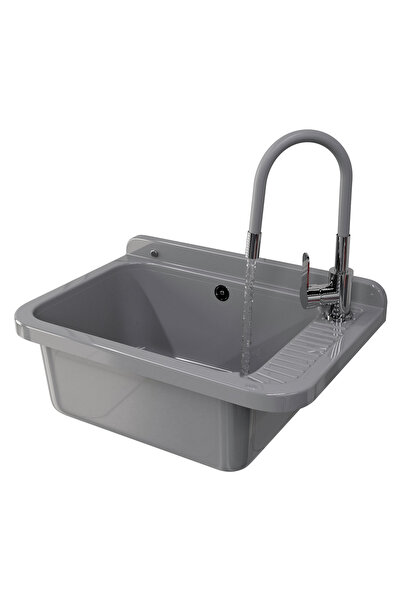 Granitan Set Chiuveta Negra, 584x380mm, cu baterie flexibila gri si sifon