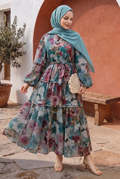 InStyle فستان باللون الفيروزي مزين بنقوش الزهور وأربطة