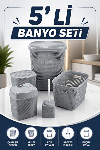 Akyüz Plastik 🧺5 Parça Antrasit Plastik Banyo Seti | Kirli Çamaşır Sepeti, T...