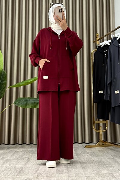 ALYA SELİN TAKIM Kristal Kumaş Kadın Bordo Cepli Fermuarlı Pantolon Tunik Alt...