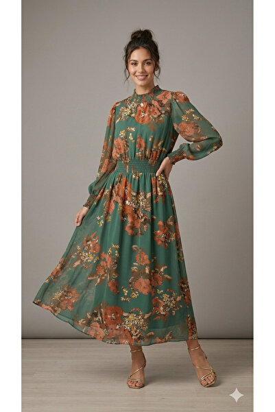 Sublime Butik Women's Green Ethnic Patterned Long Closed Summer Style Lined R...