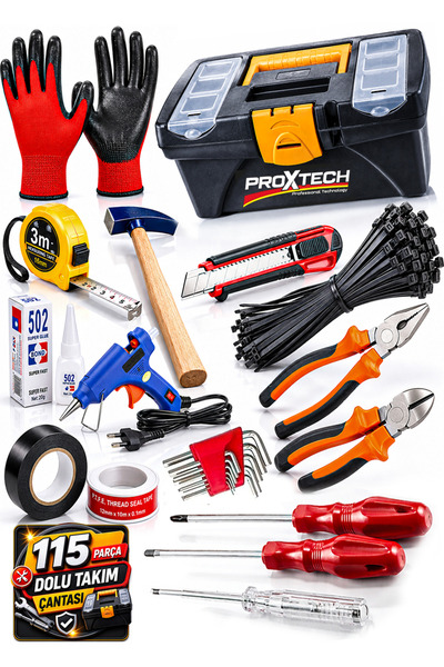 PROXTECH 122 Parça El Aletleri Takım Çantası Pense Yankeski Tornavida Metre A...