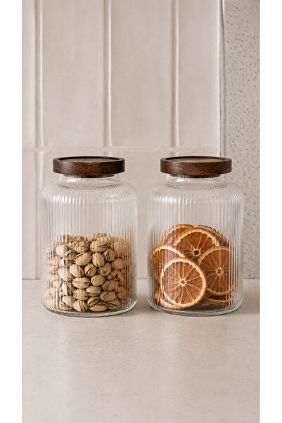 Bohemian Aura Acacia Glass Jar with Lid |   2 Pieces 1800 ml