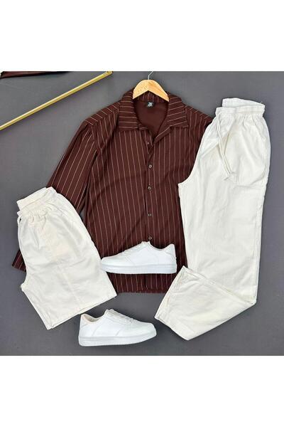 THEGENTMAN Striped Crepe Shirt Linen Shorts Linen Baggy Pants 3-Piece Set