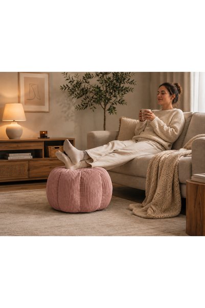 puffiber Fitilli Kadife Yuvarlak Puf | Çocuk Odası Oturma Pufu | Ayak Uzatma Pufu | Dekoratif Salon Pufu 60x55 cm