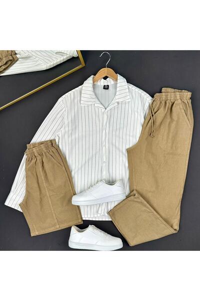 THEGENTMAN Striped Crepe Shirt Linen Shorts Linen Baggy Pants 3-Piece Set