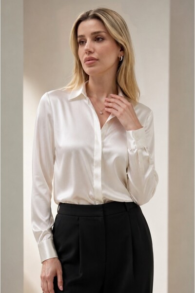 ECOTİQUE White Satin Shirt Women's Hidden Button Slim Fit Tight Fit Stylish O...