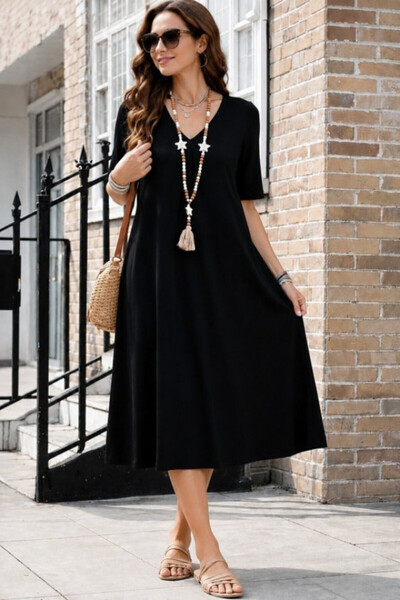 Efnaz style Women's Short Sleeve V-Neck Midi Viscose Dress with Pocket Detail