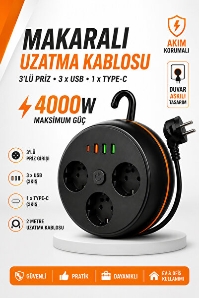 Montbell Makaralı Uzatma Kablosu 3'lü Topraklı Priz 3 USB Type-C Girişli 2 Me...