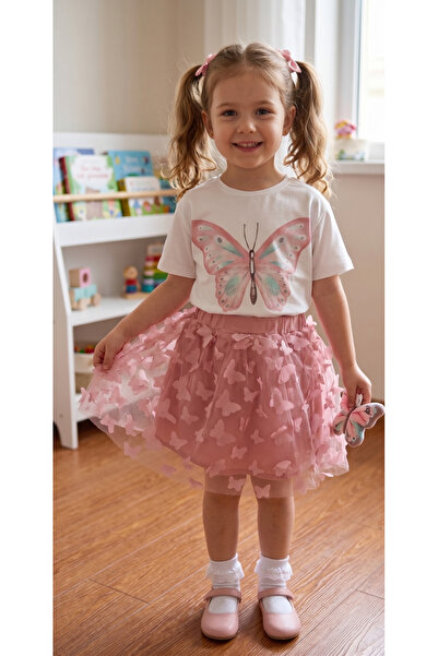 OEM 2-Piece Top Bottom Set for Girls: Butterfly T-Shirt and Pink Tulle Skirt ...
