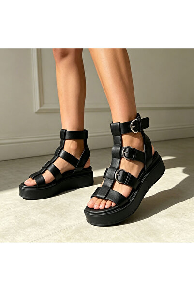 Tmall Sandale de damă, cu platformă, platformă, piele ecologică, SA126, negru