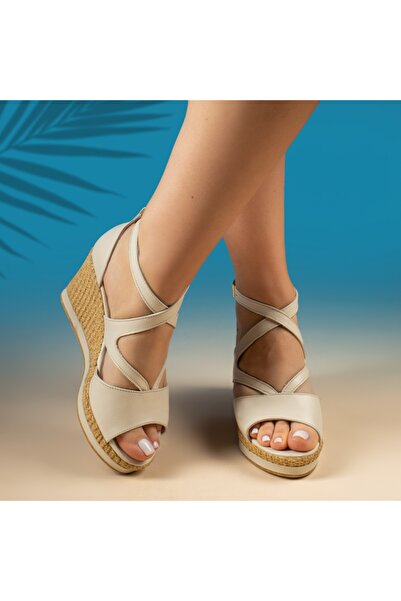 Modlet.ro Women's beige strapped genuine leather platform sandals MOD14357