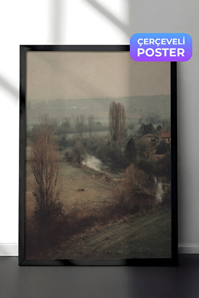 Zestia Vintage zidna slika, ruralni pejzaž pored reke sa crnim okvirom br: 20095