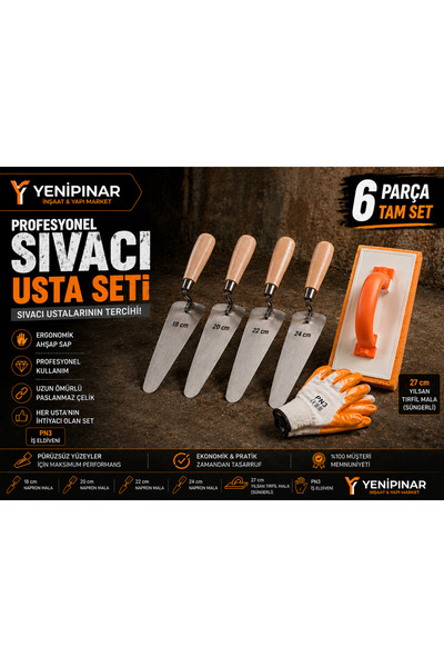 Yenipınar Yapı Market Sıvacı Usta Takım Seti 6 Parça 4’lü Sıva Malası Tırfıl ...