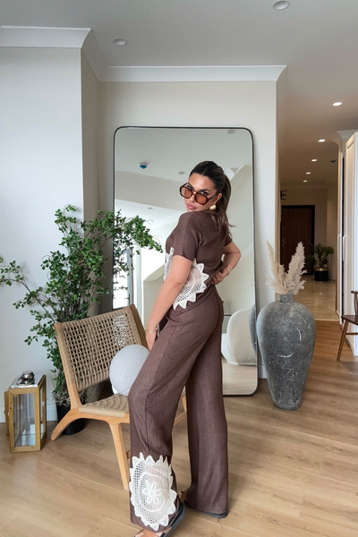 Sohotique By P Tığ İşi Detaylı Keten Doku Takım Kahve