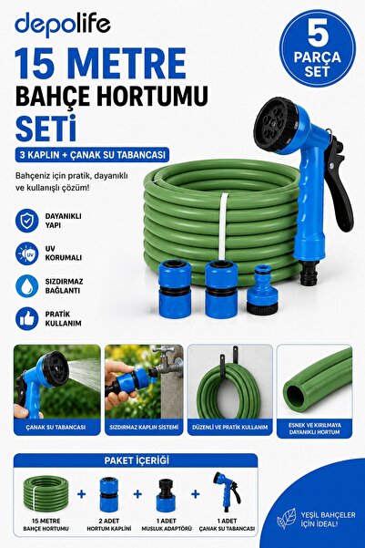 Depolife 15 Metre Bahçe Hortumu Seti Çanak Su Tabancalı 3 Kaplin Musluk Adapt...