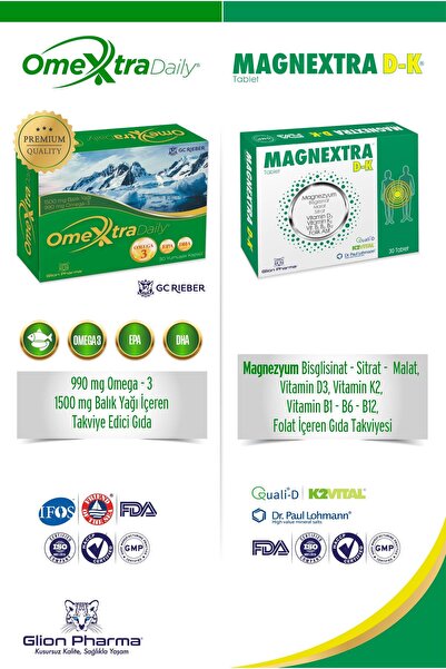 Glion Pharma Omextra Daily Omega 3 Balık Yağı Ve Magnextra D-K Magnezyum D3 K...