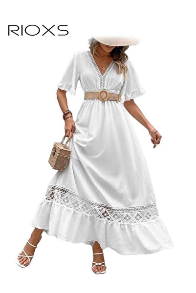 RIOXS Women's V-Neck Lace Maxi Dress, Summer Boho Elastic Smocked Waist Dress...