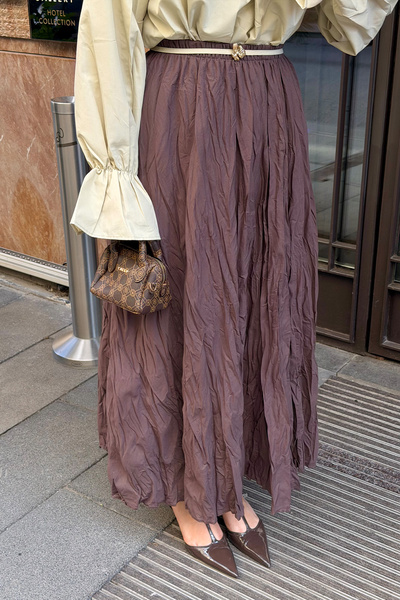 LOCCO Women's Elastic Waist Crinkled Skirt Brown