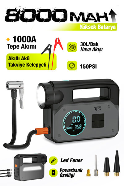 7GO 7A2 8000mAh Akü Takviyeli Hava Pompası 1000A Jump Starter, 150 PSI Dijita...